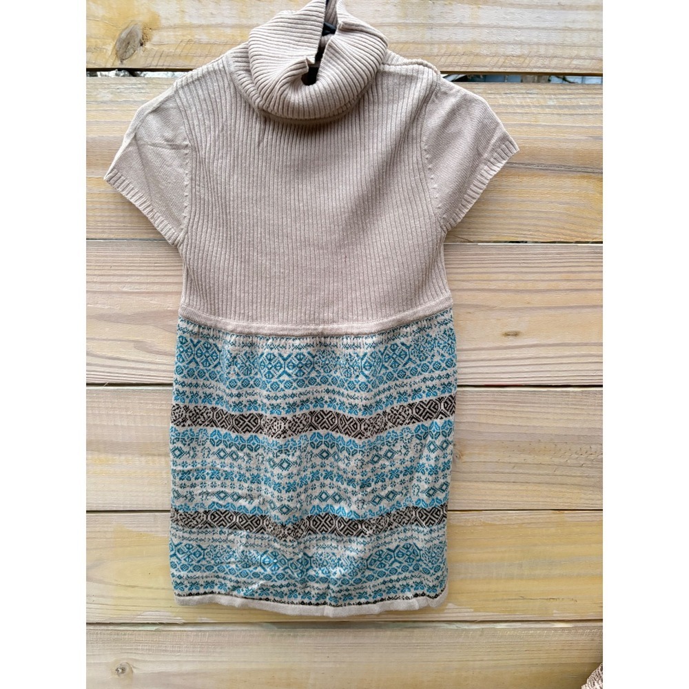 Y2K Heart N Crush Tan Fair Isle Short Sleeve Turtleneck Sweater Dress Medium